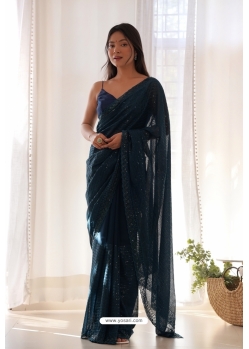 Navy Blue Foux Georgette Sequins Thread Embroidered Saree