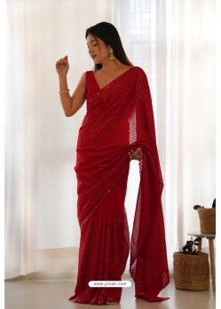 Red Foux Georgette Sequins Thread Embroidered Saree
