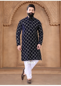 Blue Velvet Embroidered Sequins And Thread Work Kurta Pajama