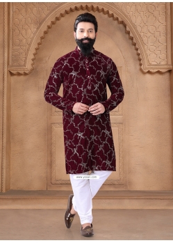 Maroon Velvet Kurta Pajama With Embroidered Sequins And Thread Work For Men