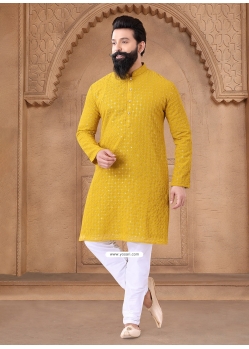 Yellow Georgette Kurta Pajama For Mens