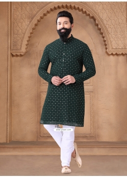 Green Embroidered Sequins And Thread Work Georgette Kurta Mens Wear