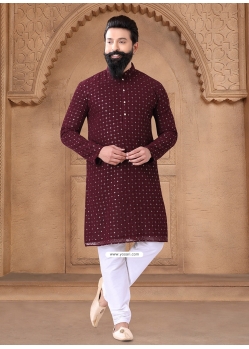 Embroidered Sequins And Thread Work Georgette Kurta Mens Wear In Maroon