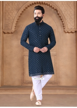 Bedazzling Blue Georgette Kurta Mens Wear With Embroidered Sequins And Thread Work