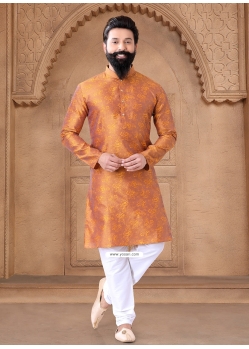 Jacquard Kurta Pajama For Mens In Orange
