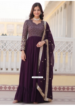 Wine Faux Georgette Embroidered Sequins And Zari Work Gown For Ceremonial