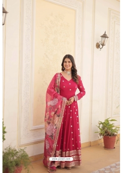 Pink Readymade Embroidered Party Wear Gown With Dupatta