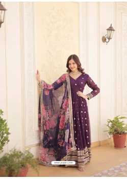 Purple Readymade Embroidered Party Wear Gown With Dupatta