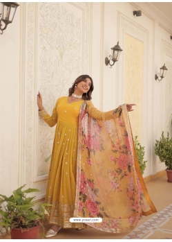 Yellow Readymade Embroidered Party Wear Gown With Dupatta