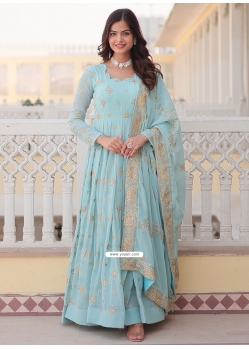 Sky Blue Faux Georgette Gown With Embroidered Sequins And Zari Work