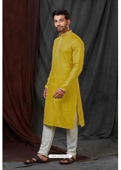 Yellow Self Jacquard Kurta Pajama For Men