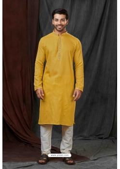 Mustard Self Jacquard Kurta Pajama For Men