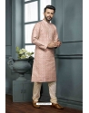 Peach Poly Jacquard Mens Kurta Pajama