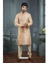 Beige Poly Jacquard Mens Kurta Pajama