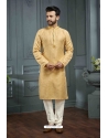 Decent Yellow Poly Jacquard Kurta Pajama For Mens