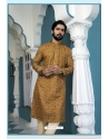 Mustard Poly Digital Printed Kurta Pajama For Mens