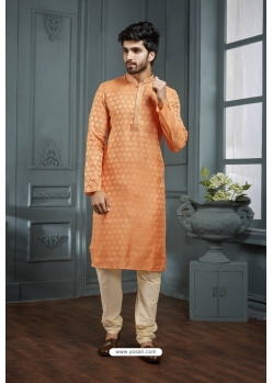 Orange Poly Jacquard Kurta Pajama For Mens