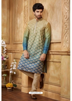 Multi Colour Slub Silk Embroidered Kurta Pajama For Mens