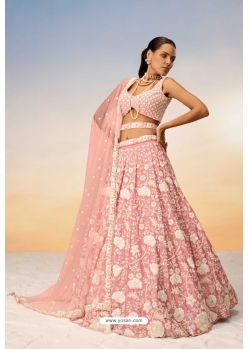 Peach Poly Georgette Sequins Thread Embroidered Lehenga Choli