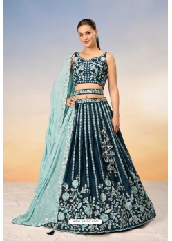 Teal Blue Satin Sequins Thread Embroidered Lehenga Choli