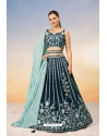 Teal Blue Satin Sequins Thread Embroidered Lehenga Choli