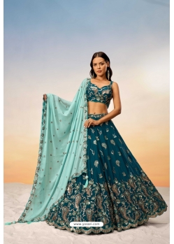 Teal Poly Georgette Sequins Thread Embroidered Lehenga Choli