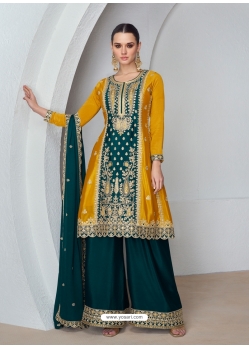 Yellow And Green Premium Chinnon Silk Palazzo Suit