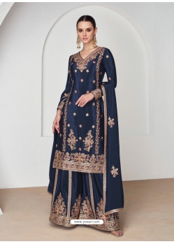Navy Blue Premium Chinnon Silk Designer Palazzo Suit