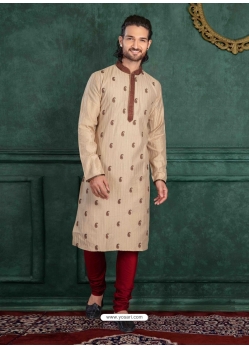 Beige Poly Blend Embroidered Mens Kurta Pajama