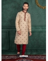 Beige Poly Blend Embroidered Mens Kurta Pajama