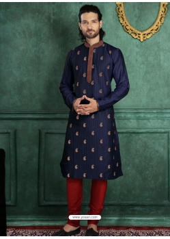 Navy Blue Poly Blend Embroidered Kurta Pajama For Mens