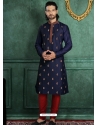 Navy Blue Poly Blend Embroidered Kurta Pajama For Mens