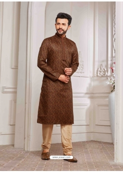 Coffee Brown Poly Digital Printed Kurta Pajama For Mens