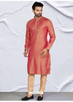 Dark Peach Poly Jacquard Kurta Pajama For Mens