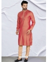 Dark Peach Poly Jacquard Kurta Pajama For Mens