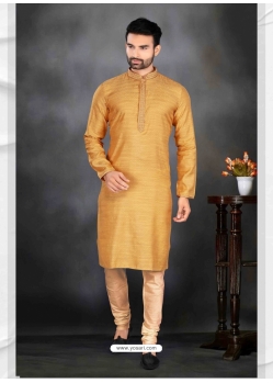 Mustard Poly Jacquard Kurta Pajama For Mens