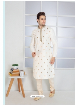 White Slub Silk Embroidered Kurta Pajama For Mens
