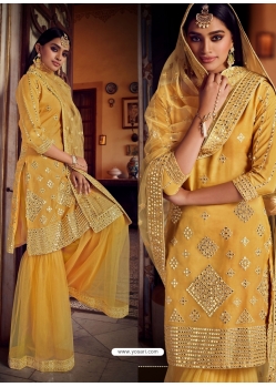 Yellow Organza Thread Foil Mirror Worked Sharara Suit