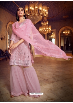 Pink Organza Thread Foil Mirror Worked Sharara Suit