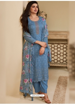 Blue Organza Embroidered Designer Suit