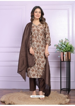 Brown Pure Viscose Muslin Hand Worked Readymade Suit
