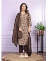Brown Pure Viscose Muslin Hand Worked Readymade Suit