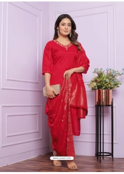 Red Pure Viscose Muslin Readymade Suit