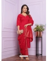 Red Pure Viscose Muslin Readymade Suit