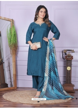 Teal Blue Pure Viscose Muslin Readymade Suit