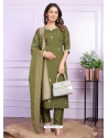 Mehendi Green Viscose Silk Embroidered Readymade Suit