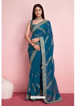 Teal Tabby Silk Embroidery Sequence Worked Saree