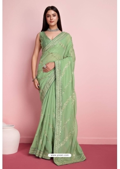 Green Tabby Silk Embroidery Sequence Worked Saree