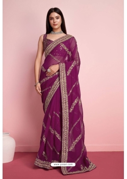 Purple Tabby Silk Embroidery Sequence Worked Saree