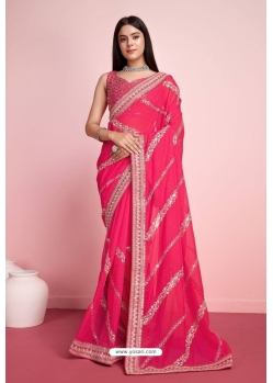 Rani Pink Tabby Silk Embroidery Sequence Worked Saree